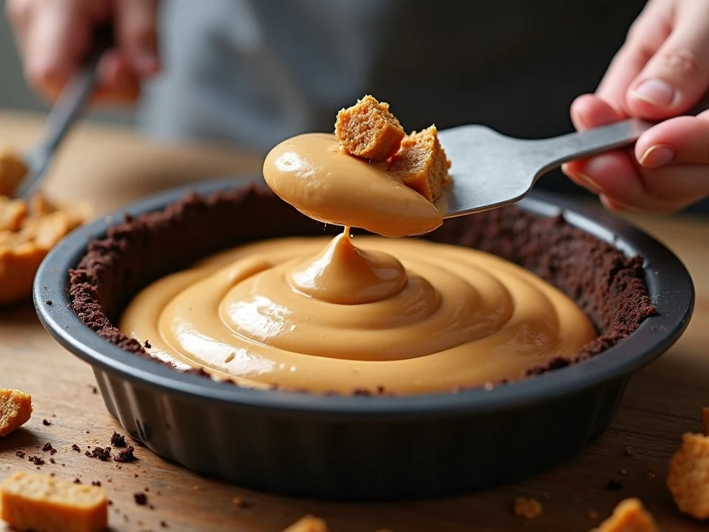 Folding crushed Butterfinger candy into the peanut butter pie filling