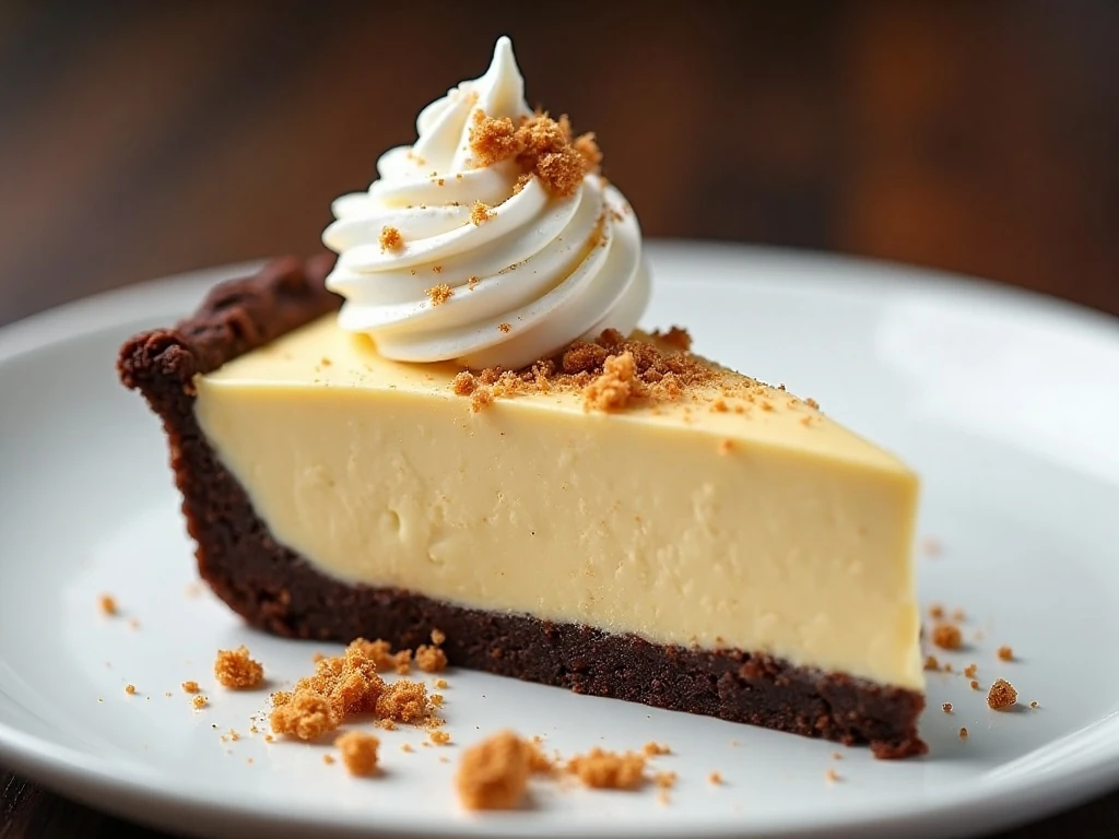 A served slice of chilled Butterfinger cream pie with whipped cream