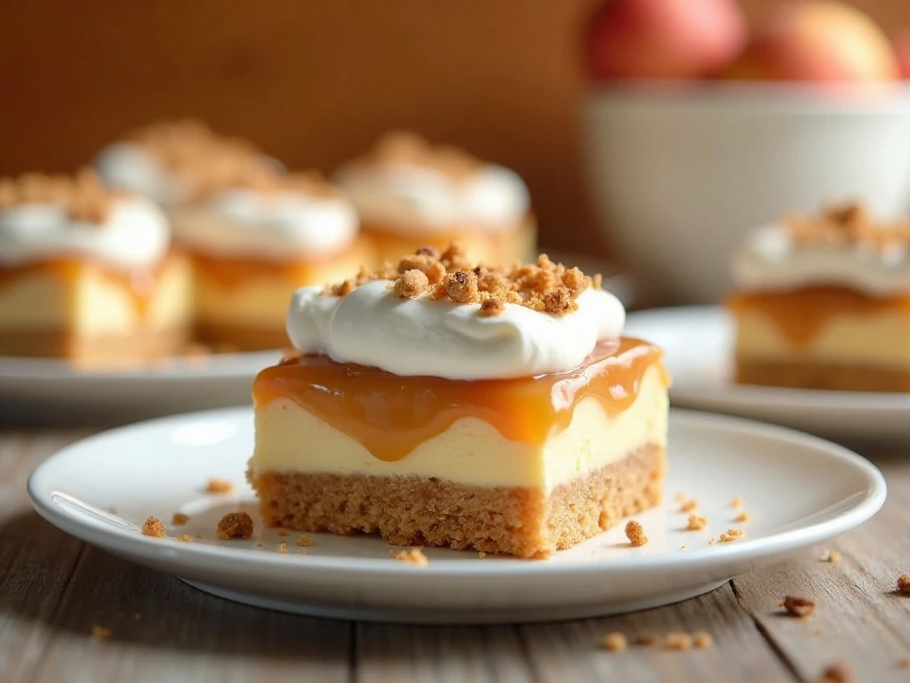 Squares of no-bake caramel apple lush served as a fall dessert