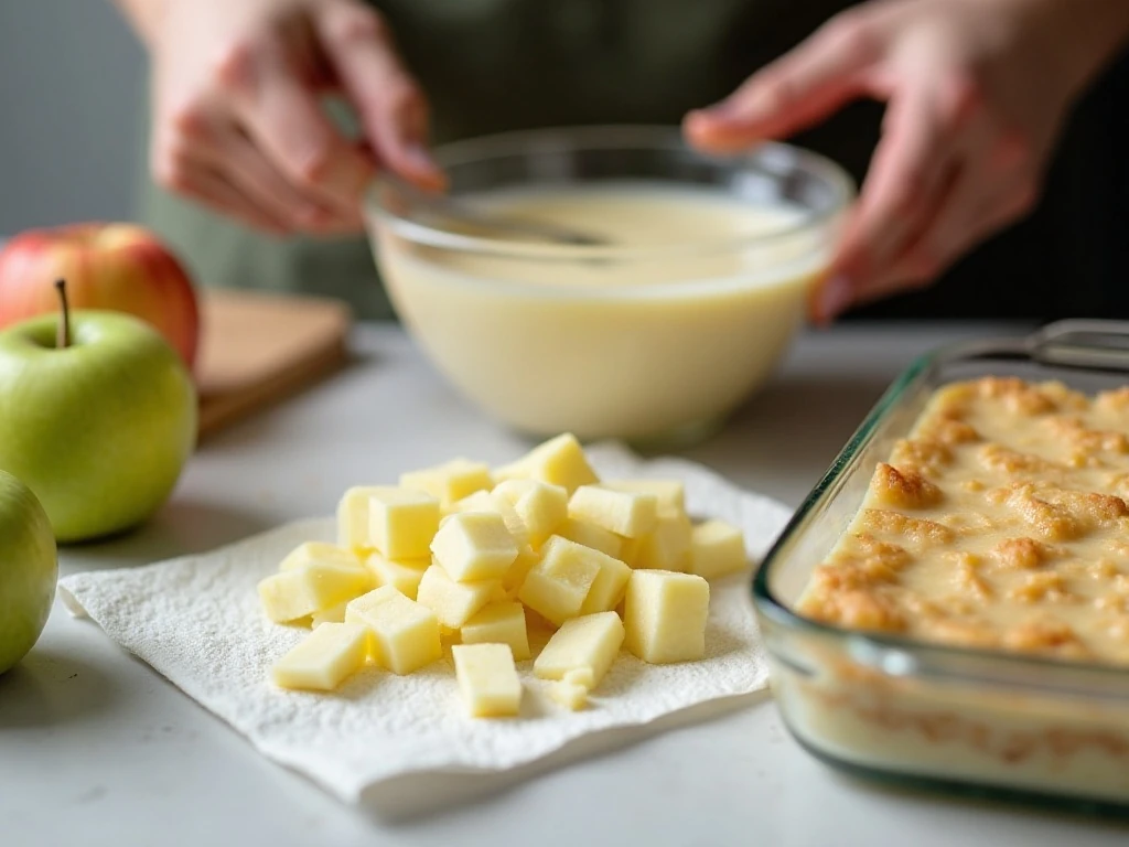 Diced Granny Smith apples prepared for layered caramel apple dessert
