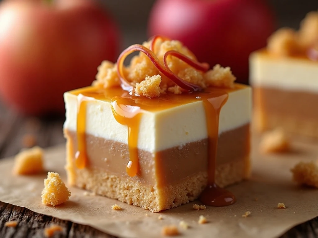 Close-up slice of chilled caramel apple lush with caramel drizzle