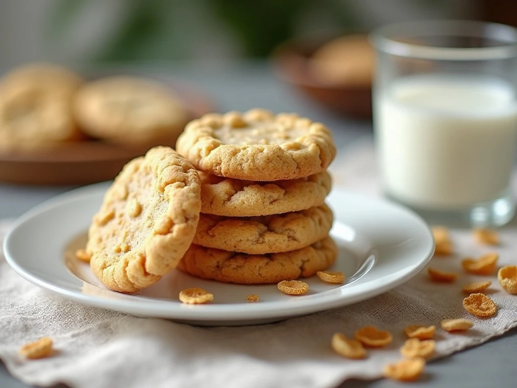 Stack of easy no-bake peanut-butter cereal cookies served with milk