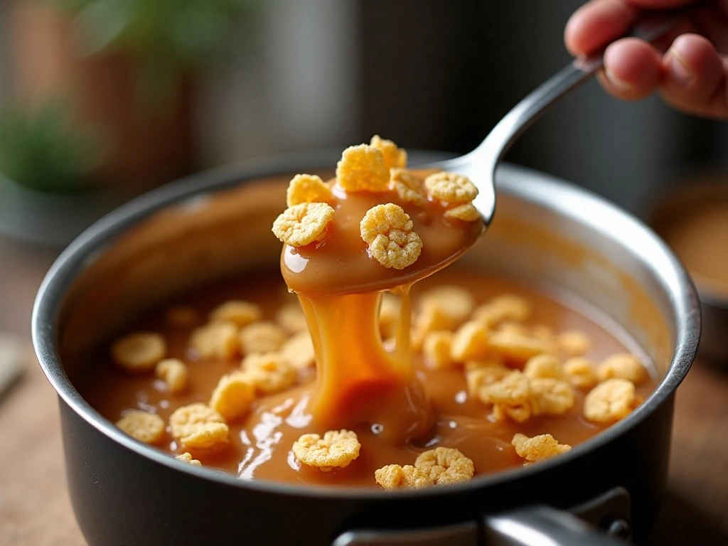 Folding cornflakes into the peanut-butter cookie mixture