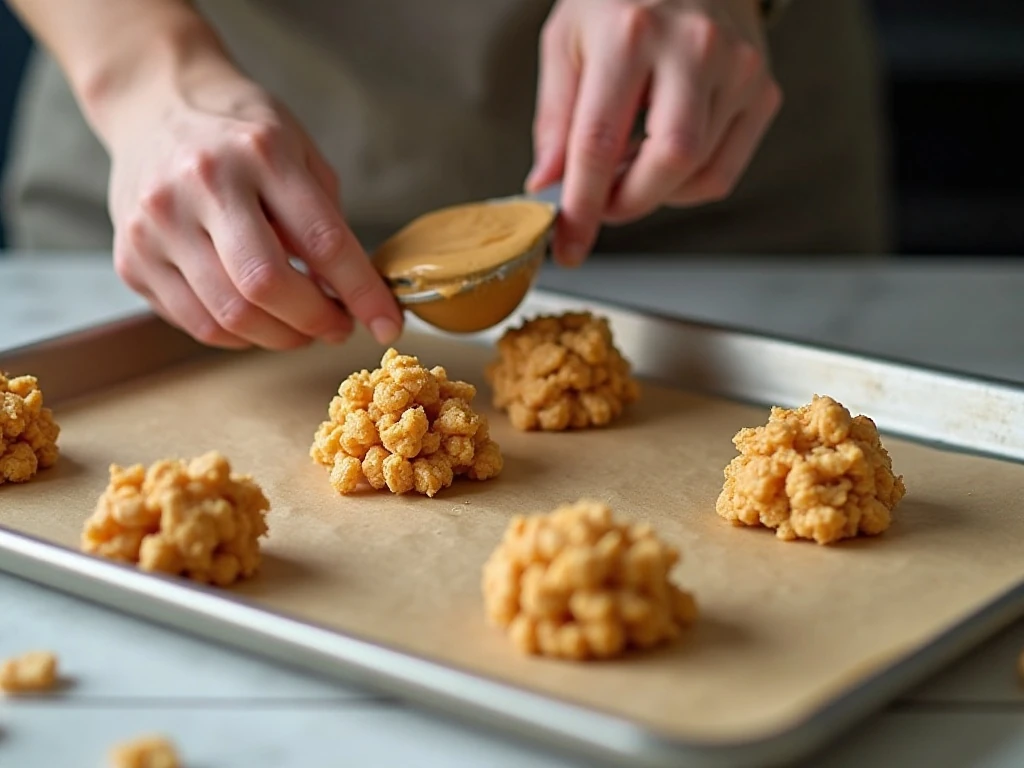 Portioning no-bake cereal cookie mixture onto parchment