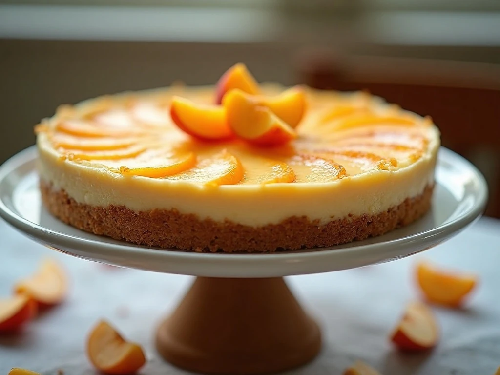 Whole no-bake cheesecake with roasted peach jam on top