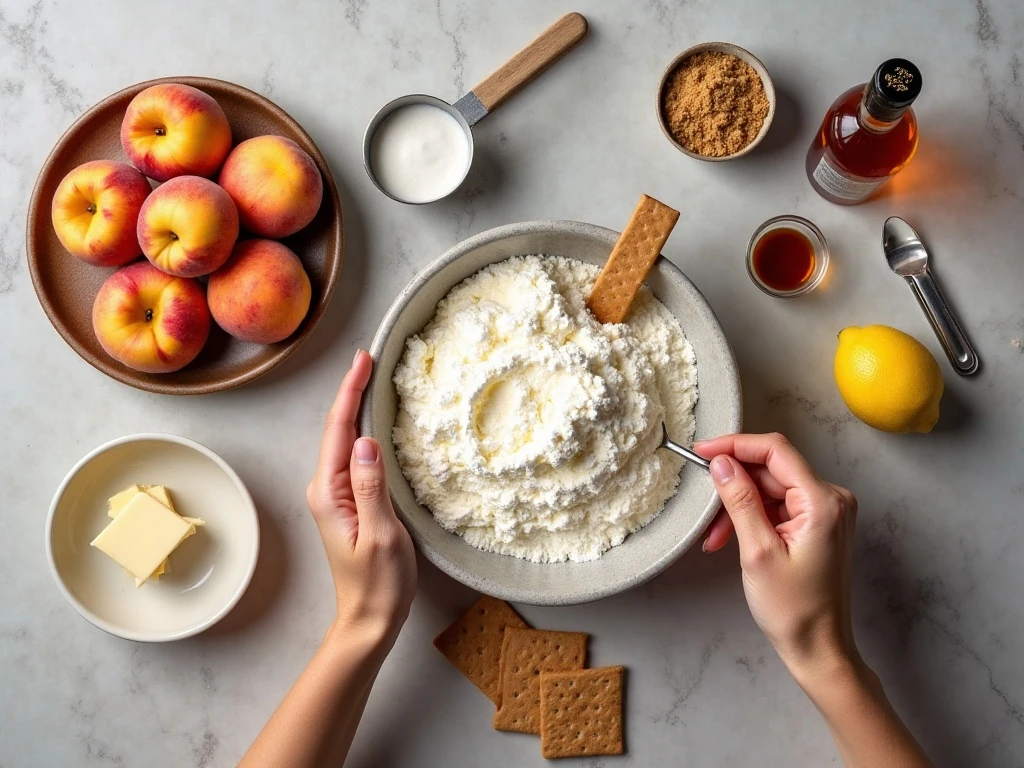 Ingredients for no-bake cheesecake with roasted peach jam
