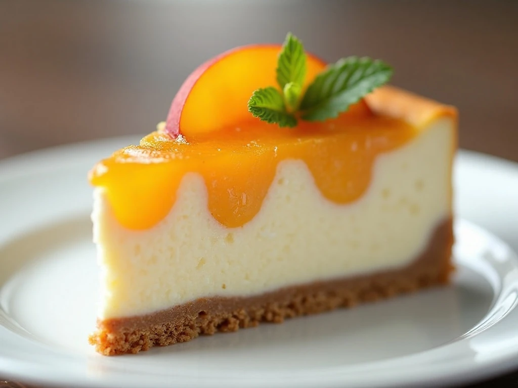 Slice of creamy no-bake cheesecake with peach jam
