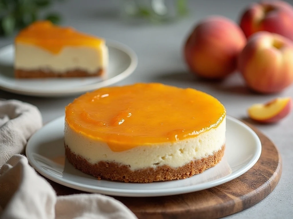 Make-ahead roasted peach cheesecake ready to serve