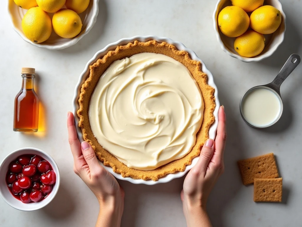 Ingredients for no-bake cherry cheesecake pie arranged in a flat lay