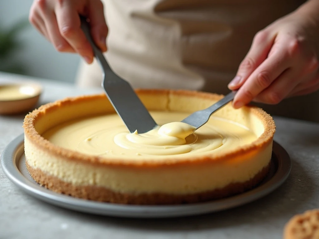 Smoothing the no-bake cheesecake filling into a graham-cracker crust
