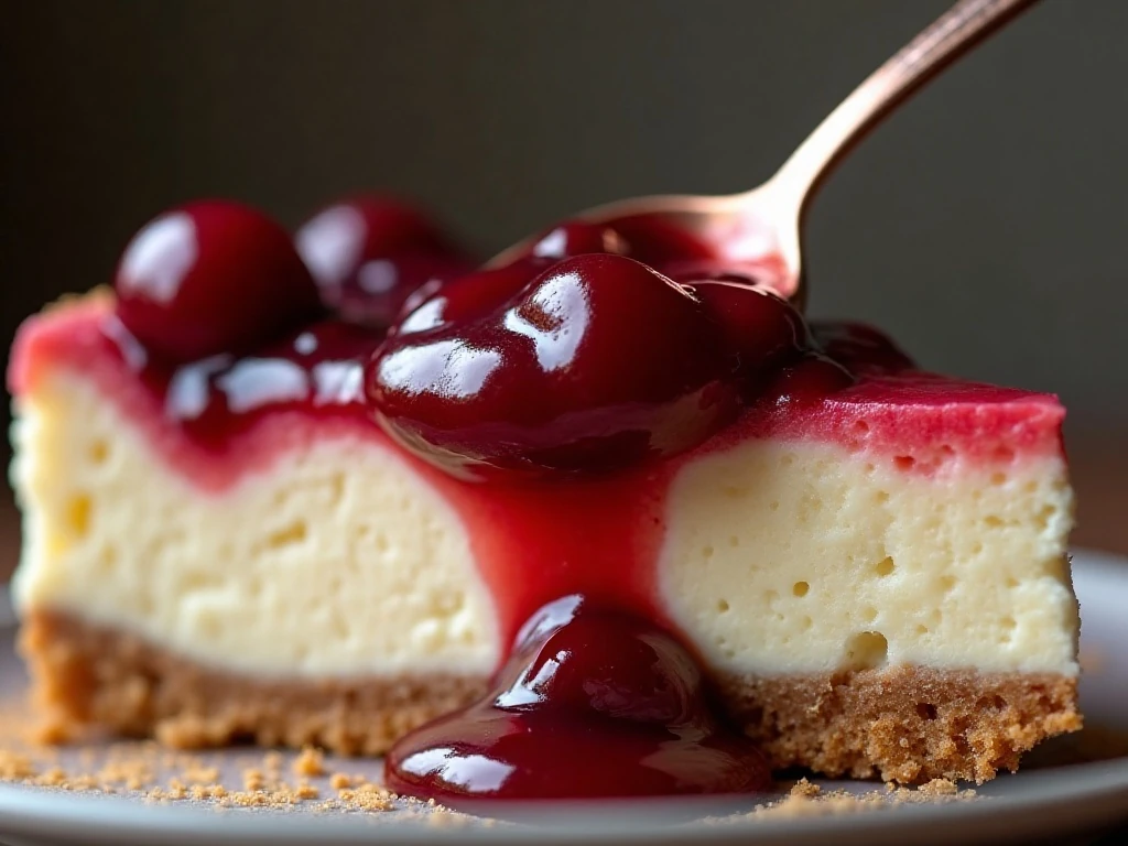 Close-up of cherry topping on a creamy cheesecake pie slice