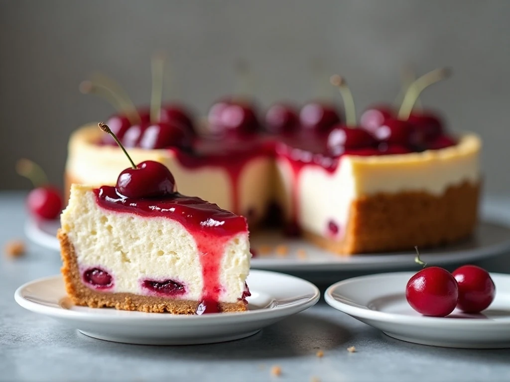 Chilled no-bake cherry cheesecake pie ready for serving