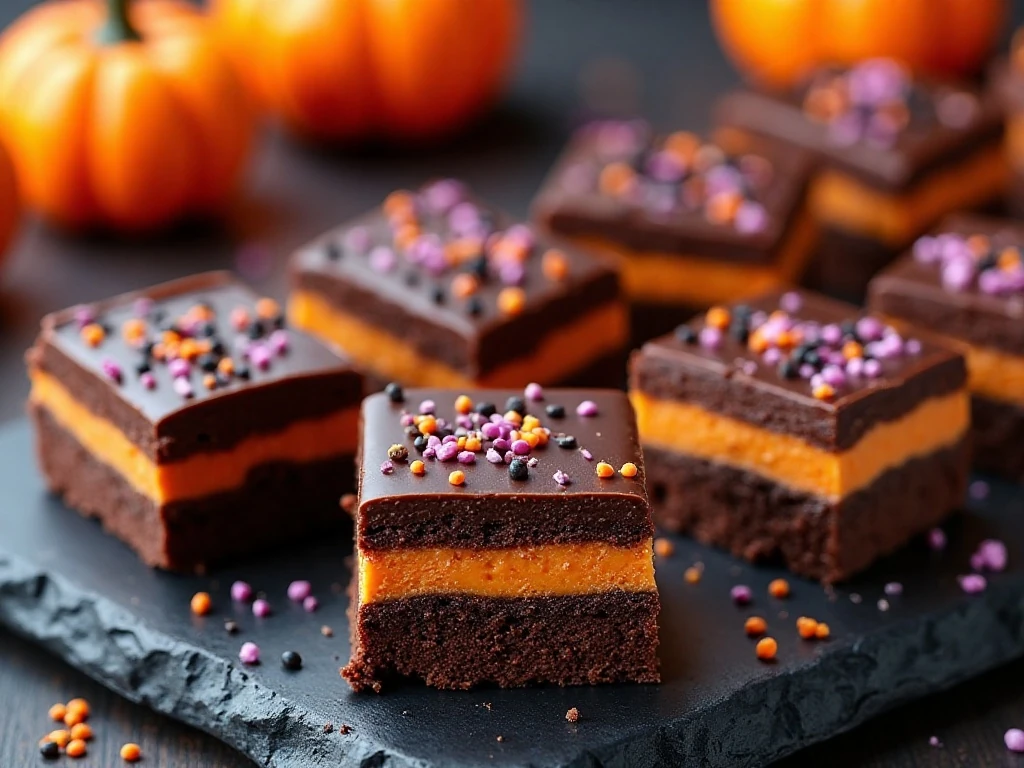 Three-layer no-bake chocolate Halloween bars arranged for a party