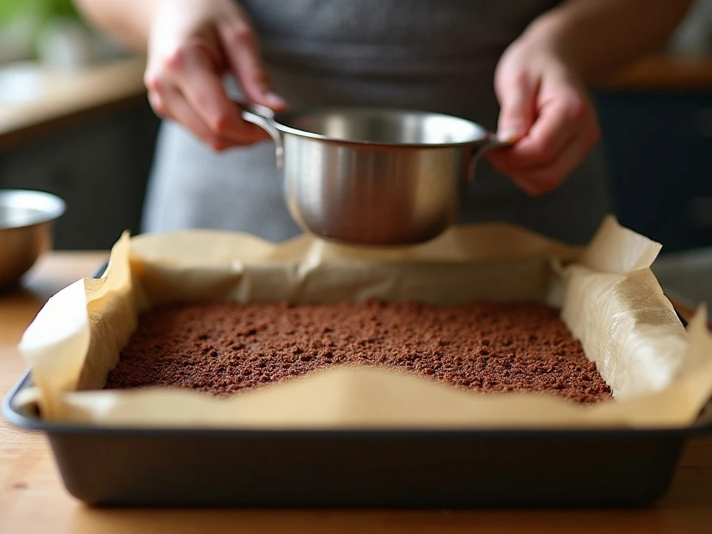 Pressing the chocolate crumb base into a square pan
