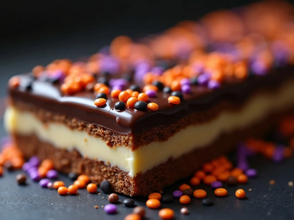 Halloween sprinkles on the chocolate topping of layered bars