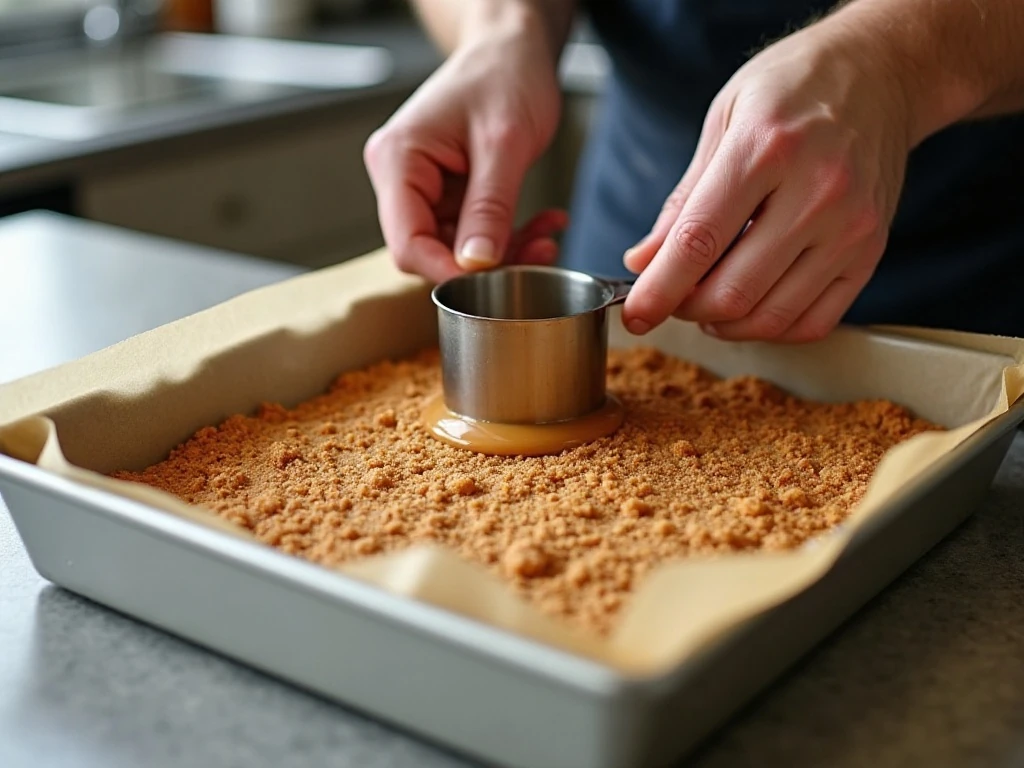 Pressing the peanut butter graham cracker base into a lined baking pan