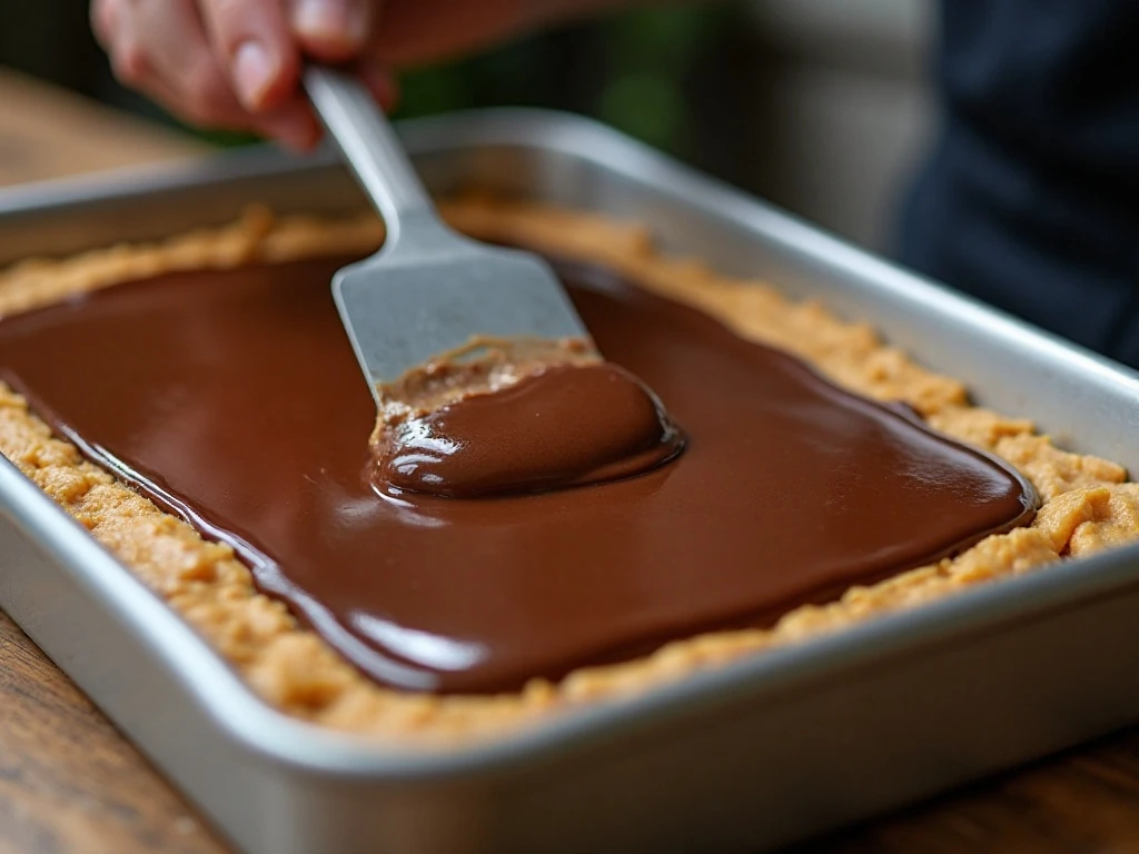 Spreading smooth chocolate peanut butter topping over the bar base