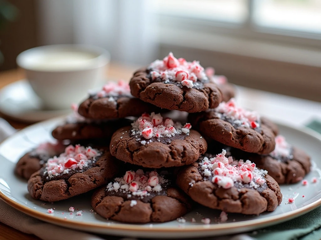 Plate of chewy no-bake chocolate peppermint cookies