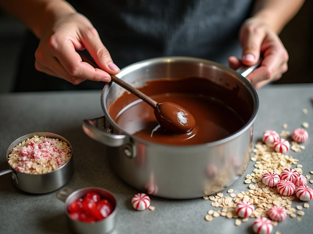 Preparing the chocolate mixture for no-bake peppermint cookies