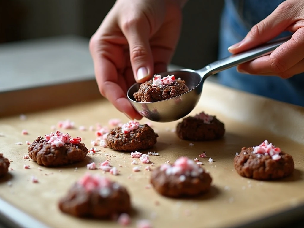 Scooping no-bake chocolate cookie mixture onto parchment