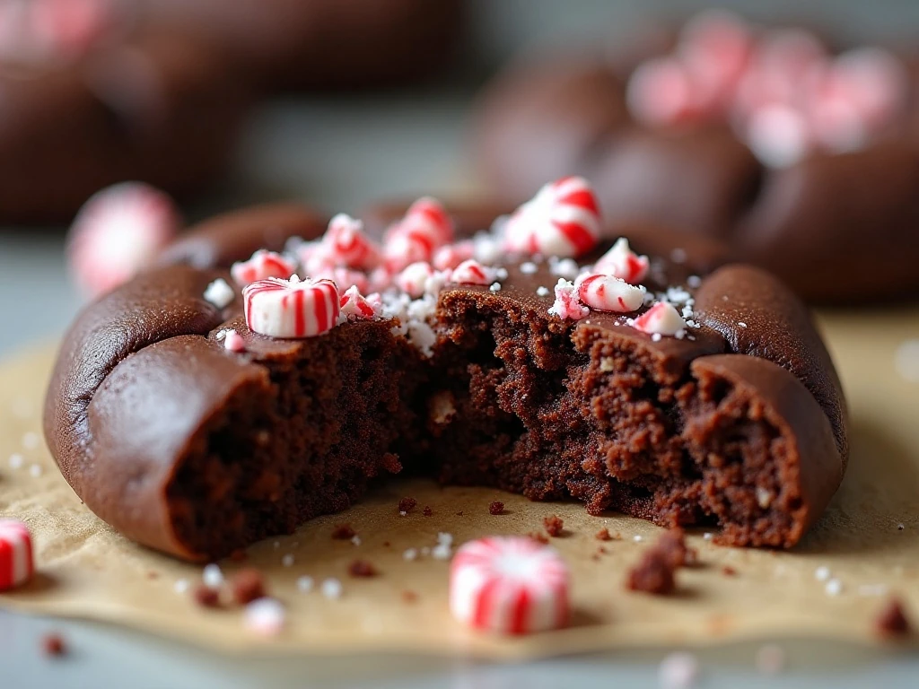 Close-up of fudgy chocolate peppermint cookie with candy cane pieces