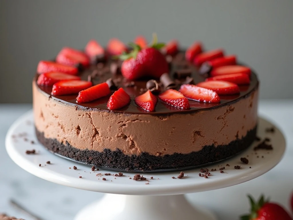 Whole no-bake chocolate strawberry cheesecake with glazed strawberries