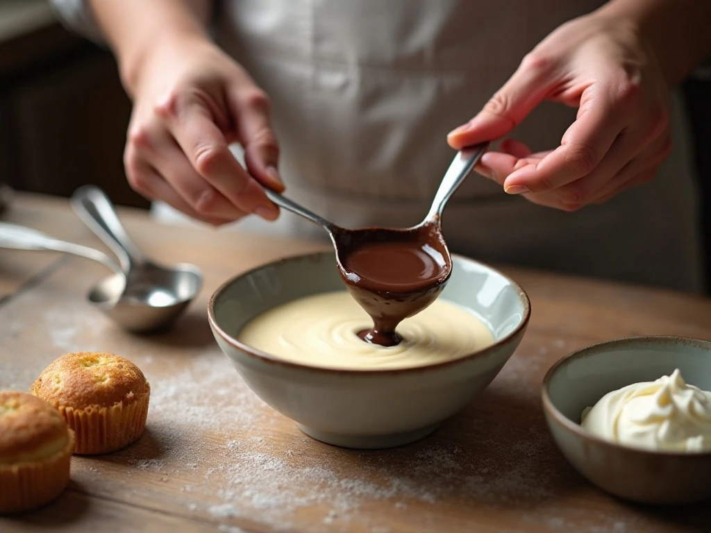 Folding melted chocolate and whipped cream into cheesecake filling