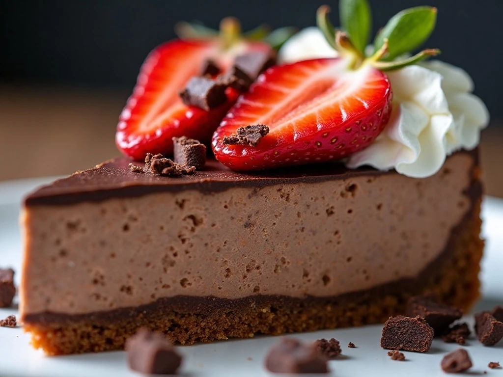 Close-up slice of chocolate strawberry cheesecake with fresh garnish