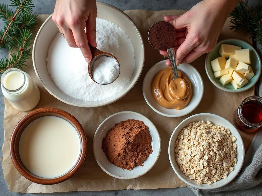 Ingredients for chocolate peanut butter oatmeal no-bake cookies