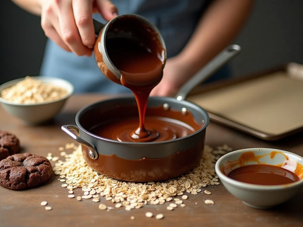 Preparing chocolate peanut butter no-bake cookie mixture