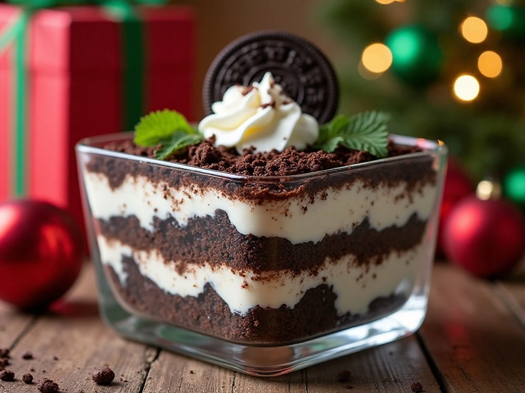 Festive no-bake Christmas dirt cake with Oreo crumbs and creamy chocolate layers