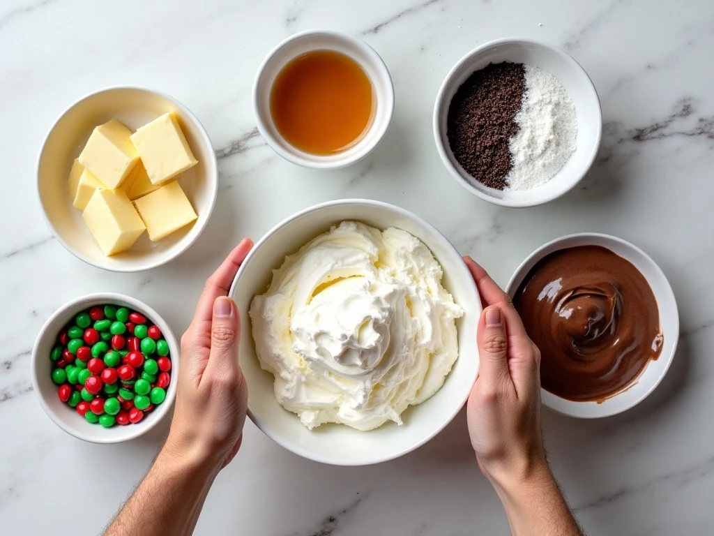 Ingredients for no-bake Christmas dirt cake arranged in a flat lay