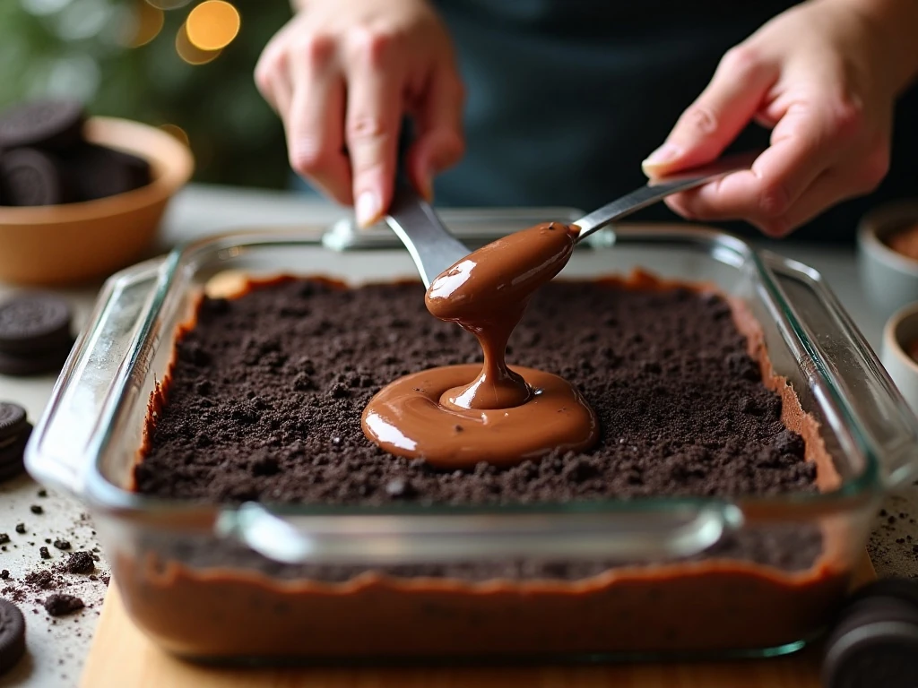 Spreading chocolate filling over Oreo crumbs for Christmas dirt cake