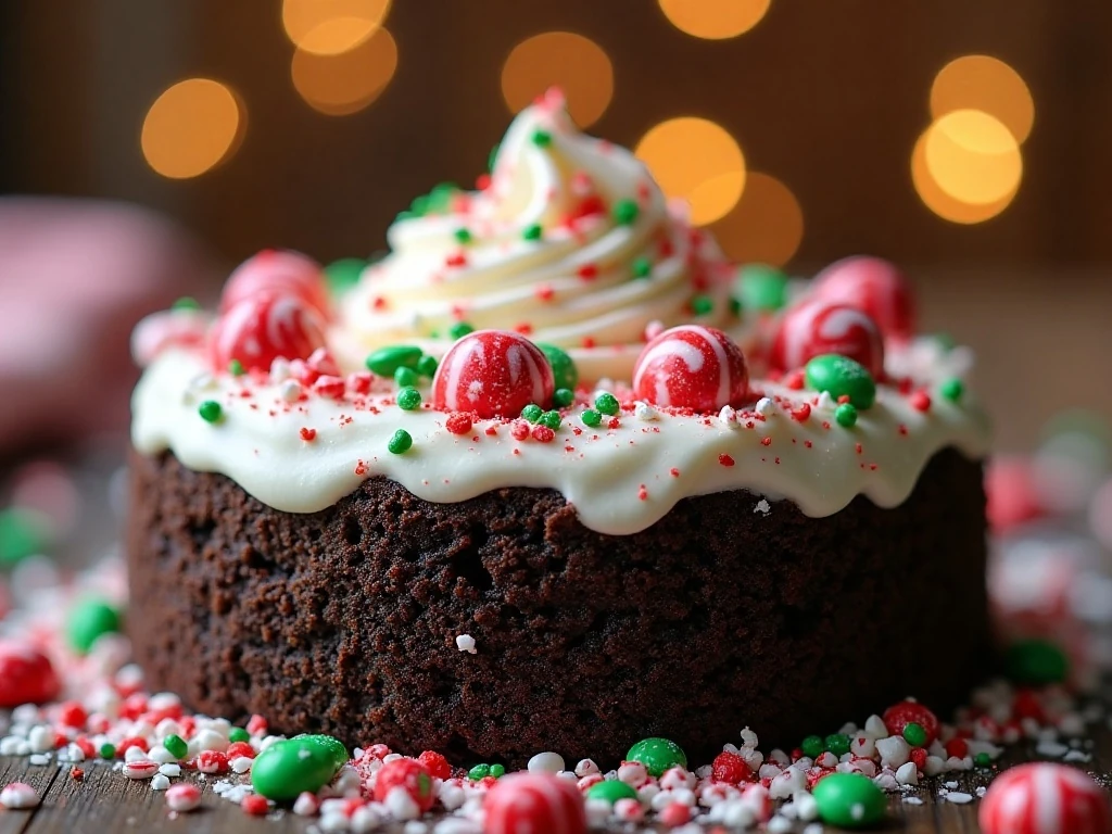 Close-up of red and green Christmas decorations on Oreo dirt cake