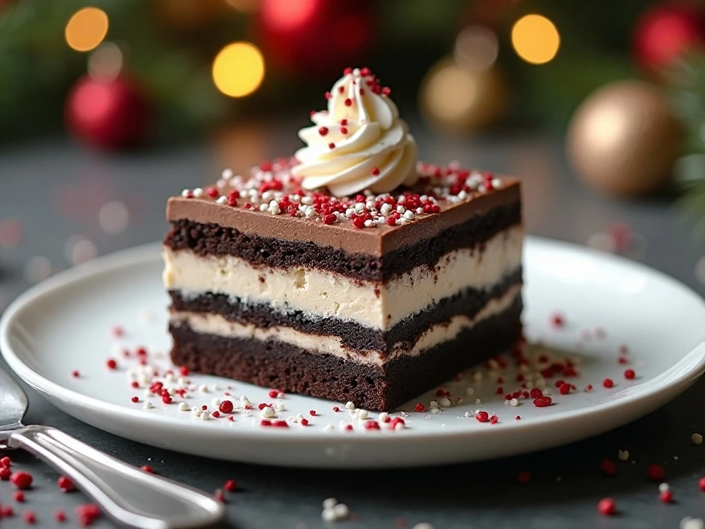 Sliced serving of chilled no-bake Christmas dirt cake