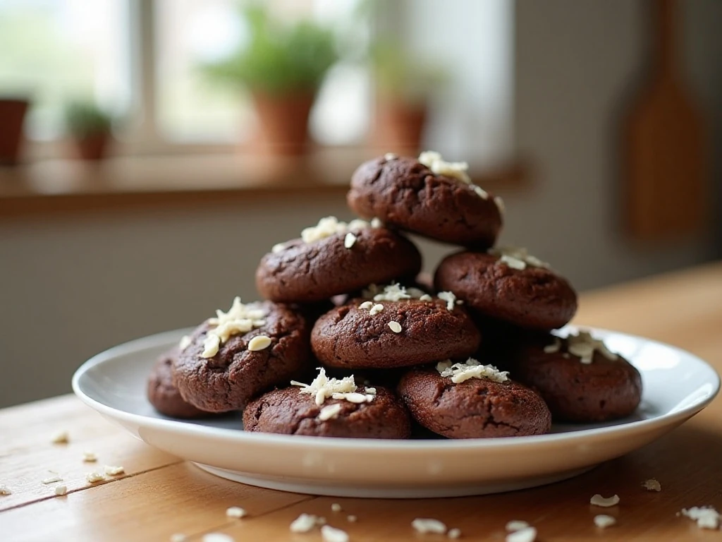 Stack of chocolate coconut oil no-bake cookies with oats and shredded coconut