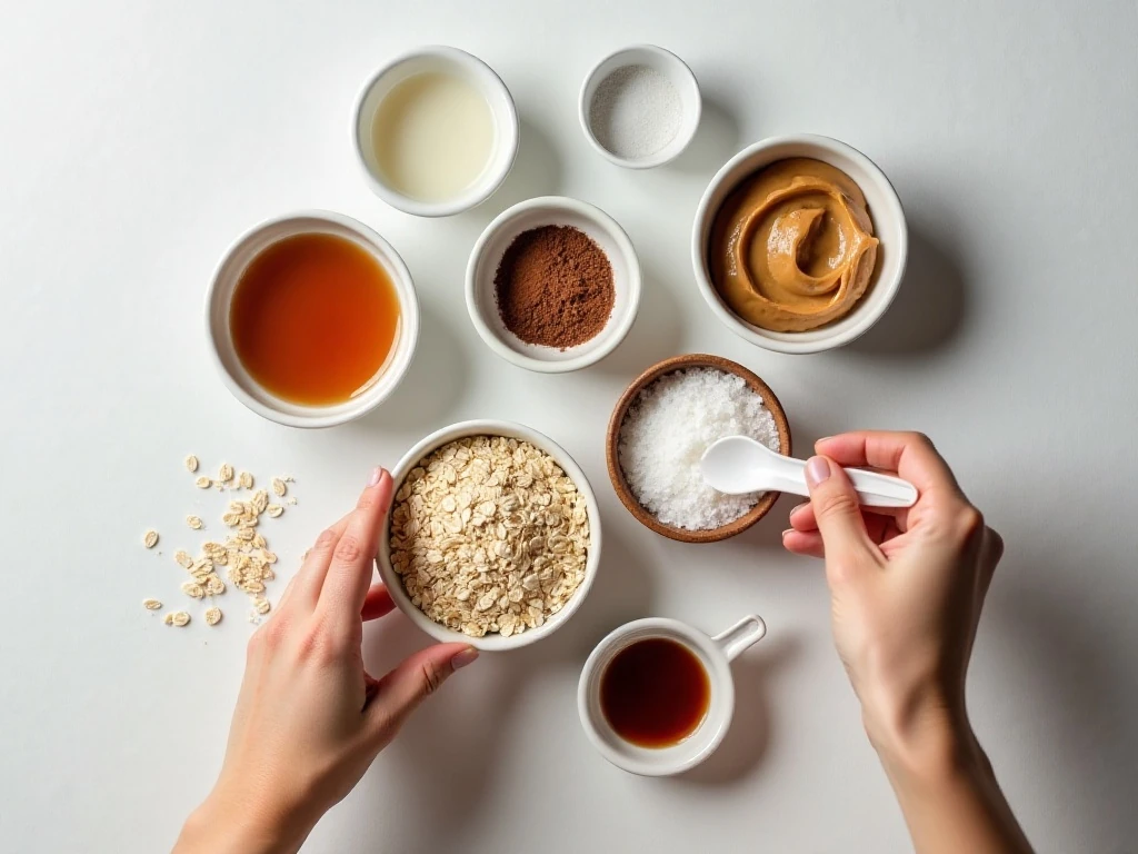 Ingredients for no-bake coconut oil cookies arranged for cooking