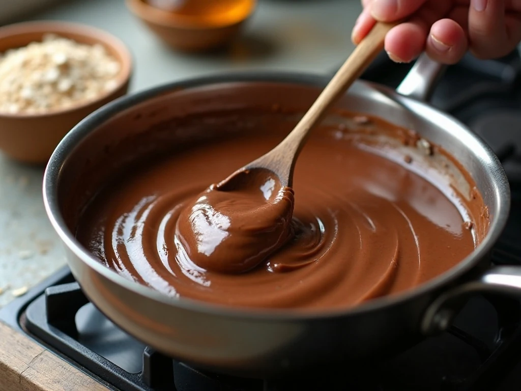 Chocolate peanut butter mixture being stirred for no-bake cookies