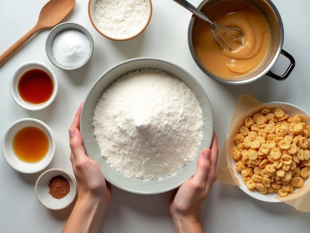 Ingredients for no-bake cornflake cookies arranged on a counter