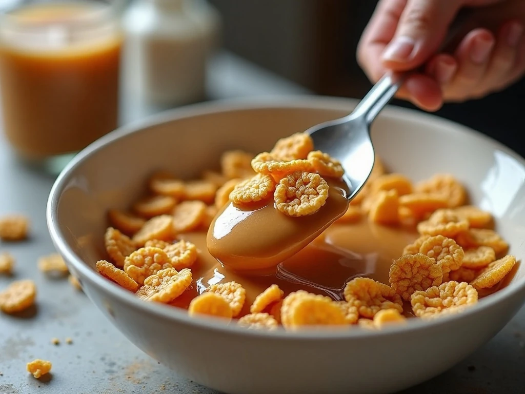 Cornflakes being folded into warm peanut butter cookie mixture