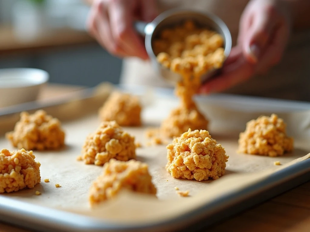 Portioned no-bake cornflake cookie mixture on parchment
