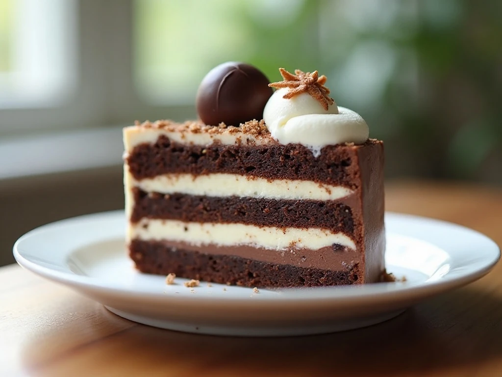 Slice of creamy four-layer chocolate dessert showing all distinct layers