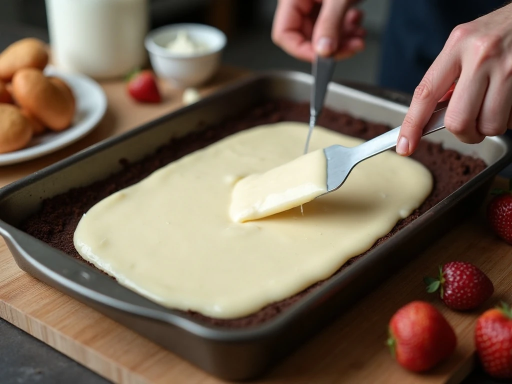 Spreading the cream-cheese layer over the chocolate cookie crust