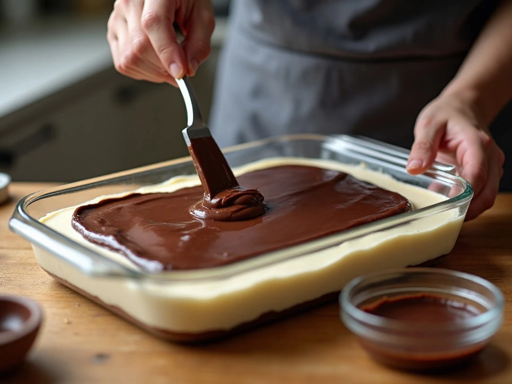 Chocolate pudding layer being spread over the cream-cheese layer