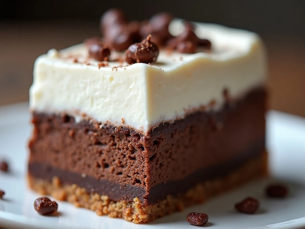 Close-up of chocolate shavings on a chilled layered dessert