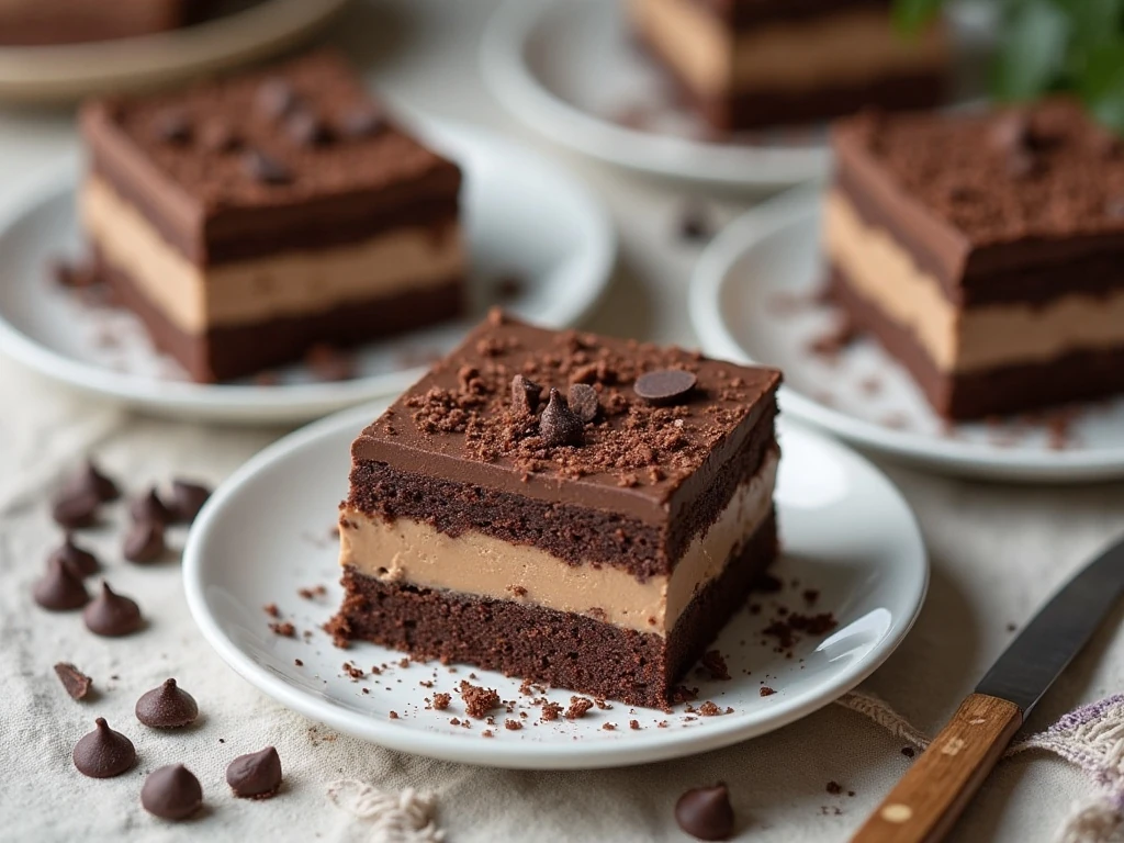 Four-layer chocolate dessert slices arranged for serving