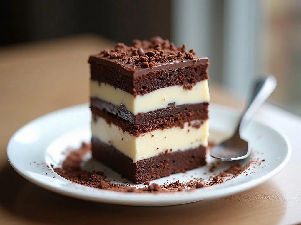 Slice of easy no-bake four-layer chocolate dessert with visible creamy layers