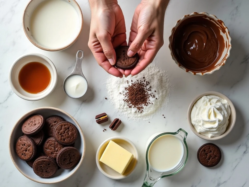 Ingredients for no-bake four-layer chocolate dessert arranged on a counter