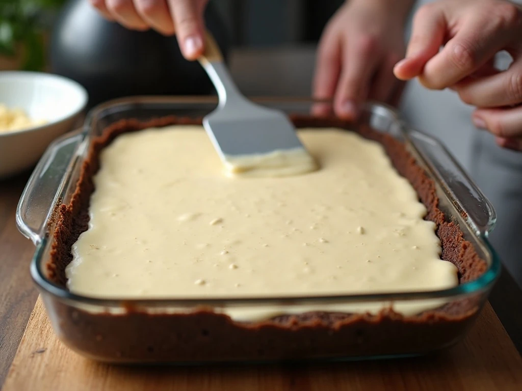 Spreading the cream-cheese layer over the chocolate cookie crust