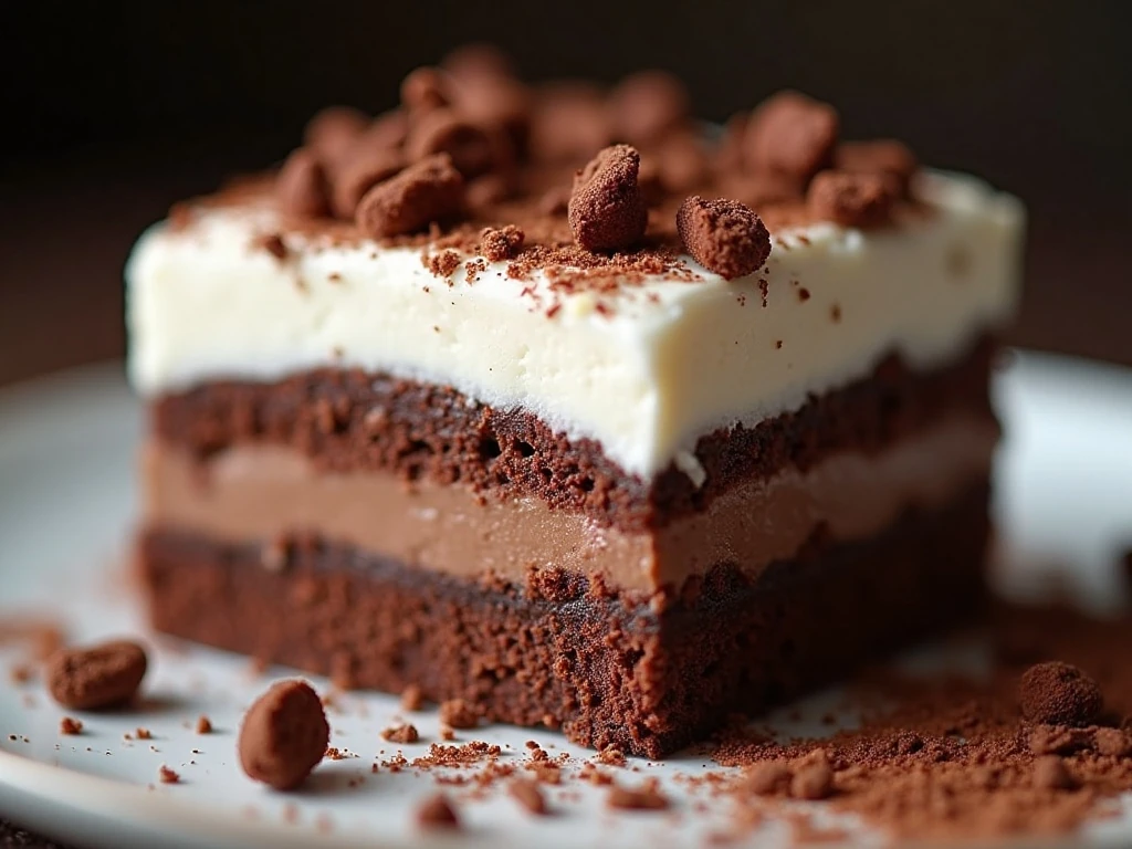 Chocolate garnish on the whipped topping of a chilled layered dessert